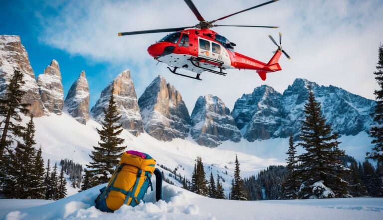 Red helicopter flying over snow-covered mountains with a backpack in the snow