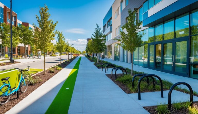 Modern urban street with buildings, trees, bike racks, and a green path