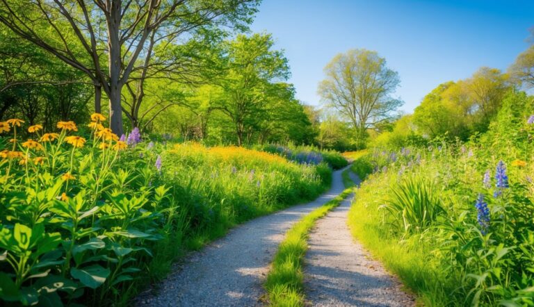 Gravel path winds through a vibrant meadow with colorful wildflowers and trees