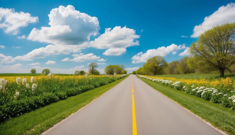 Road with yellow center line through fields of flowers under blue sky