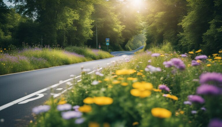 Road through lush green trees and wildflowers with sunlight shining through