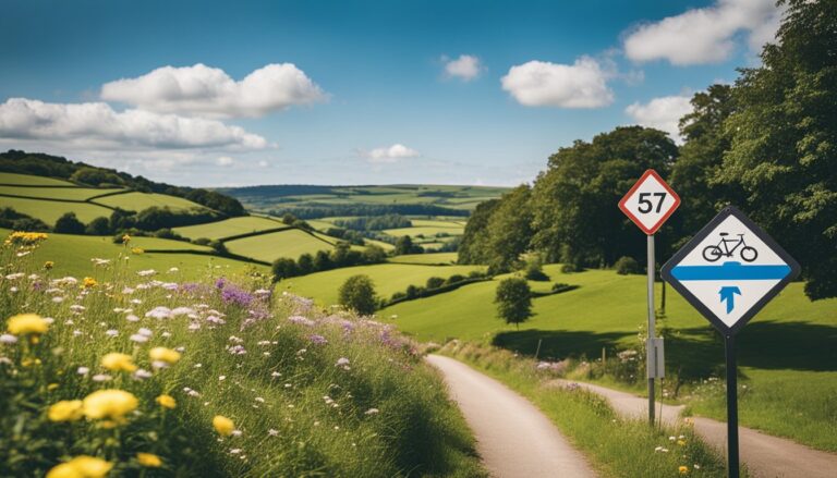 Scenic countryside road with bike path signs, green hills, and wildflowers