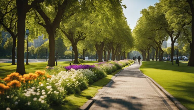 Pathway through a park lined with trees, flowers, and people