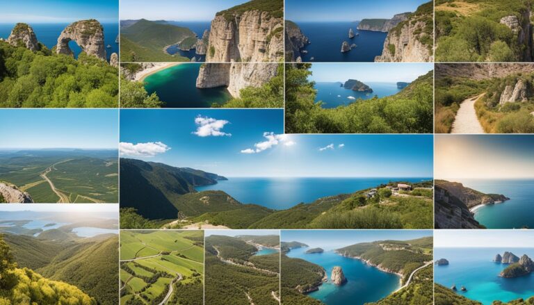 Collage of scenic coastal landscapes with cliffs, beaches, and blue water