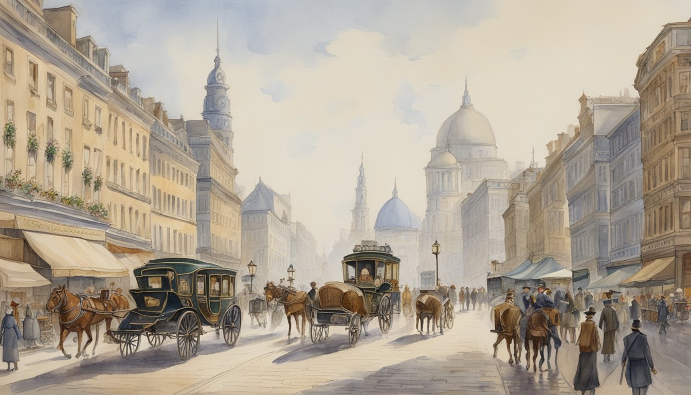 A bustling city street, lined with ornate buildings and bustling with activity.</p><p>Pedestrians walk along the wide sidewalks, while horse-drawn carriages and early automobiles navigate the cobblestone road.</p><p>The architecture reflects the decline revival of pedestrianism in