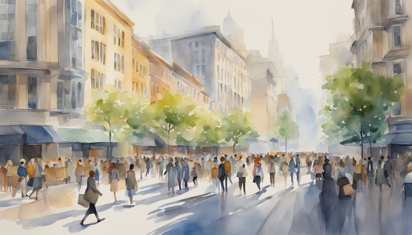 A bustling city street filled with pedestrians, modern architecture, and vibrant urban life