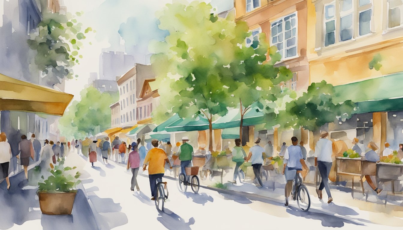 Busy city street with diverse pedestrians walking, biking, and socializing.</p><p>Vibrant storefronts, outdoor cafes, and green spaces create a lively and connected community
